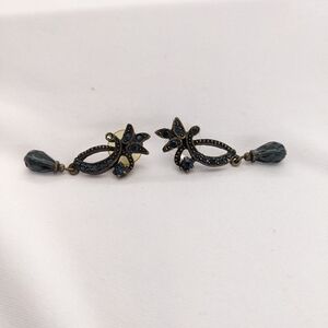 Czech Boho Style Blue Rhinestone Floral Drop Earrings